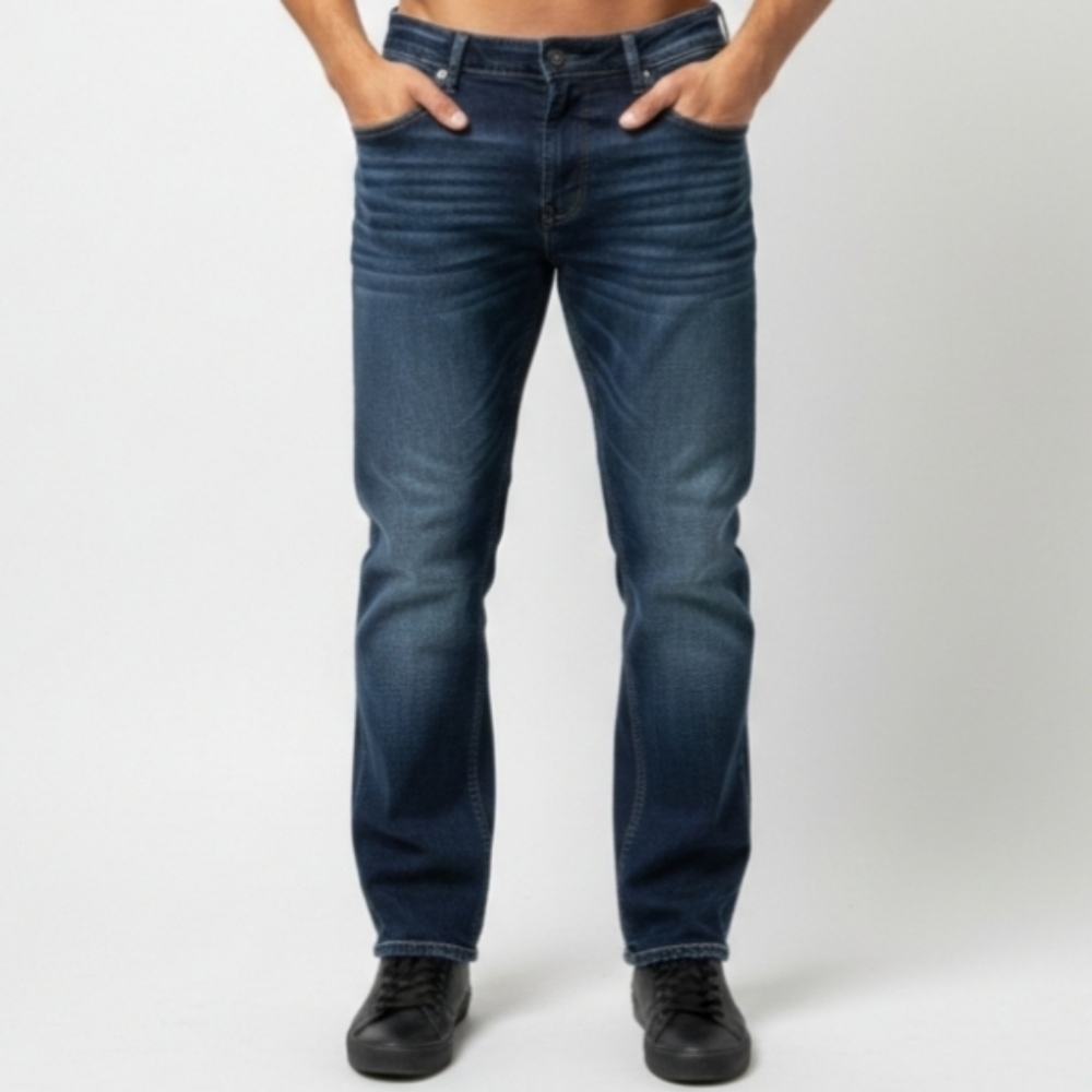 BKE Demin Derek Bootleg Jeans Mens 36 Short Dark Wash Bleach Washed